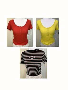 3 Women Tops Shein Red/Yellow Forever21 Black Striped Short Sleeves Size M